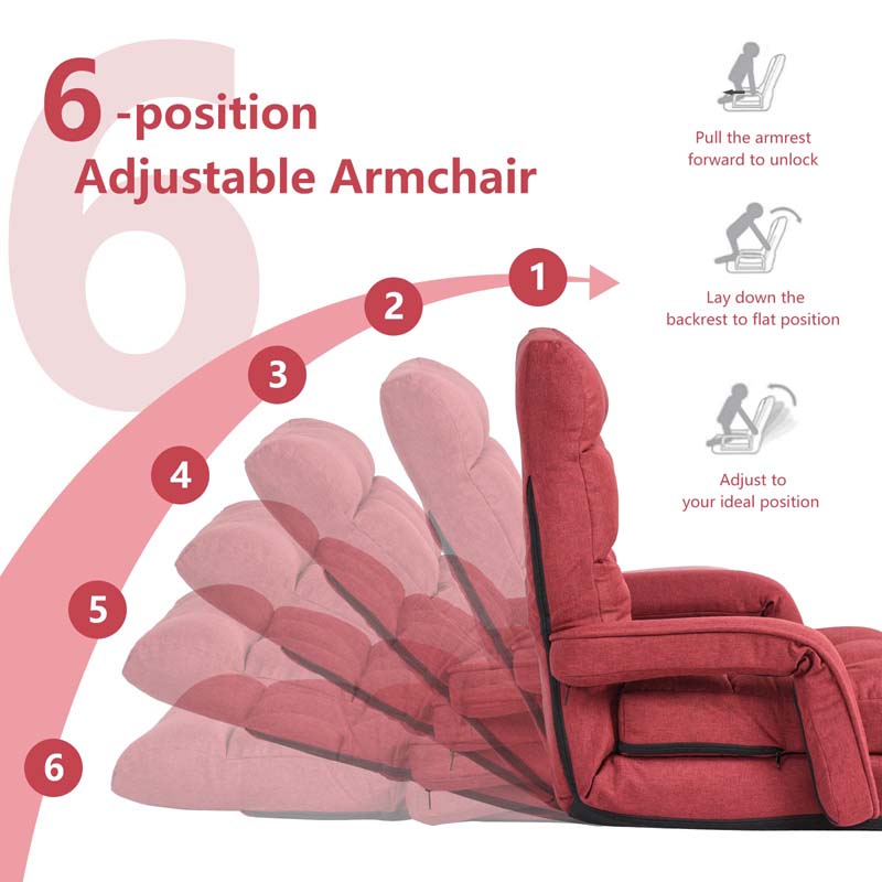 Folding Lazy Sofa Floor Chair with 6-Position Adjustable Backrest Lumbar Pillow & Armrests, Assembly-Free Indoor Chaise Lounge Sofa