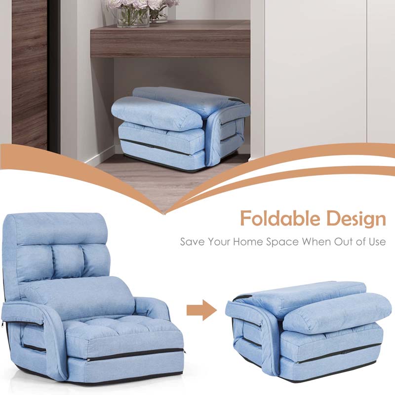 Folding Lazy Sofa Floor Chair with 6-Position Adjustable Backrest Lumbar Pillow & Armrests, Assembly-Free Indoor Chaise Lounge Sofa