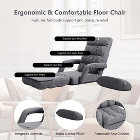 Folding Lazy Sofa Floor Chair with 6-Position Adjustable Backrest Lumbar Pillow & Armrests, Assembly-Free Indoor Chaise Lounge Sofa