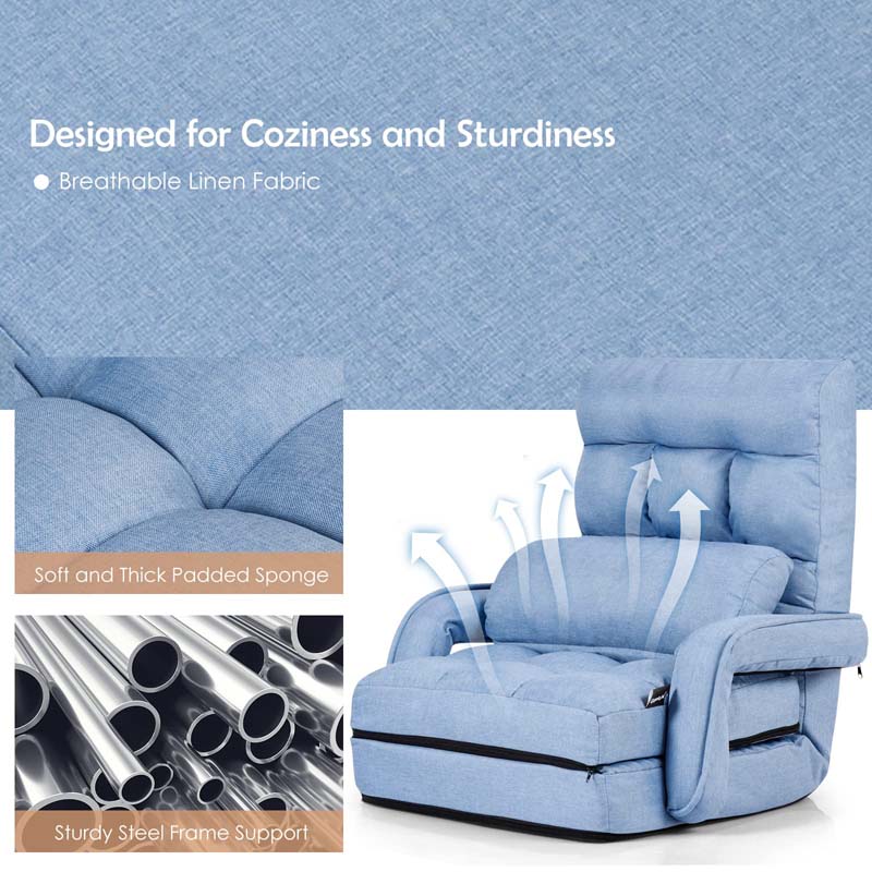 Folding Lazy Sofa Floor Chair with 6-Position Adjustable Backrest Lumbar Pillow & Armrests, Assembly-Free Indoor Chaise Lounge Sofa