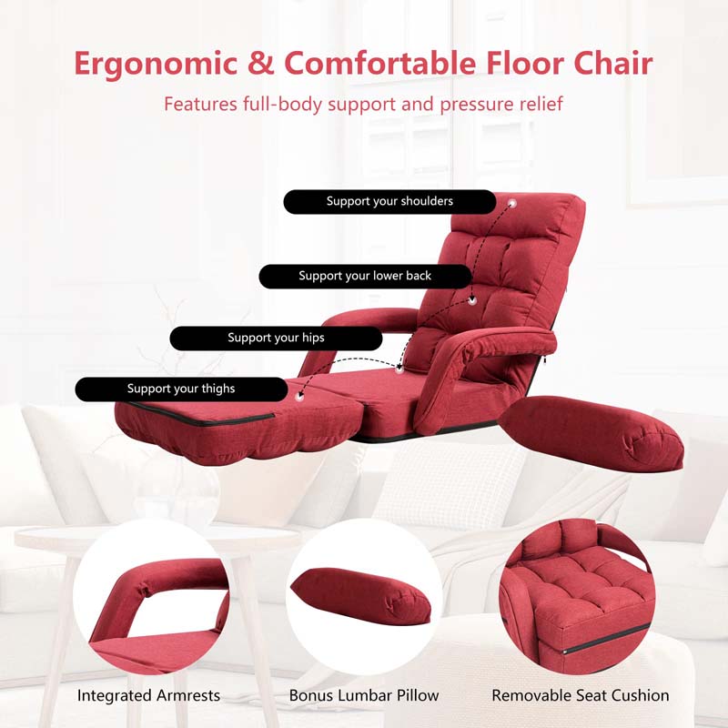 Folding Lazy Sofa Floor Chair with 6-Position Adjustable Backrest Lumbar Pillow & Armrests, Assembly-Free Indoor Chaise Lounge Sofa