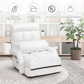 Folding Lazy Sofa Floor Chair with 6-Position Adjustable Backrest Lumbar Pillow & Armrests, Assembly-Free Indoor Chaise Lounge Sofa