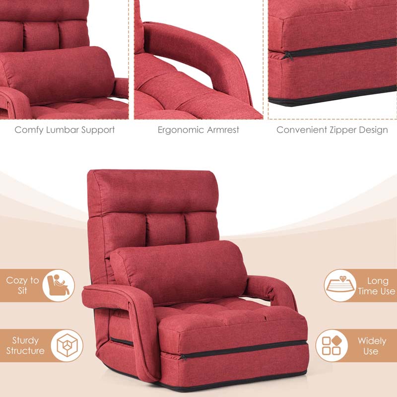 Folding Lazy Sofa Floor Chair with 6-Position Adjustable Backrest Lumbar Pillow & Armrests, Assembly-Free Indoor Chaise Lounge Sofa