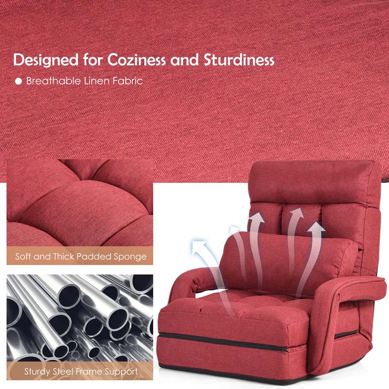 Folding Lazy Sofa Floor Chair with 6-Position Adjustable Backrest Lumbar Pillow & Armrests, Assembly-Free Indoor Chaise Lounge Sofa