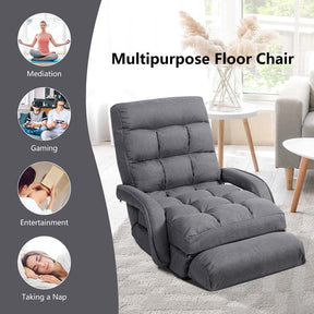 Folding Lazy Sofa Floor Chair with 6-Position Adjustable Backrest Lumbar Pillow & Armrests, Assembly-Free Indoor Chaise Lounge Sofa