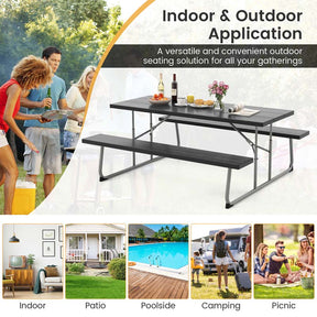 6 FT HDPE Folding Picnic Table Bench Set for 8 Person, Outdoor Large Picnic Table with Umbrella Hole & Metal Frame