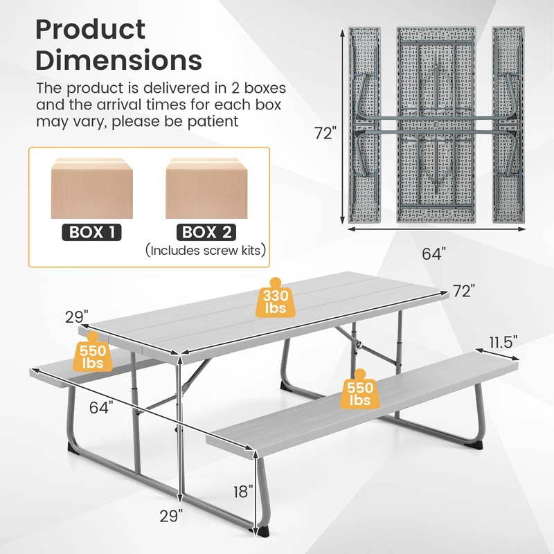 6 FT HDPE Folding Picnic Table Bench Set for 8 Person, Outdoor Large Picnic Table with Umbrella Hole & Metal Frame