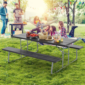 6 FT HDPE Folding Picnic Table Bench Set for 8 Person, Outdoor Large Picnic Table with Umbrella Hole & Metal Frame