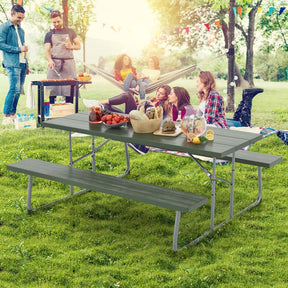 6 FT HDPE Folding Picnic Table Bench Set for 8 Person, Outdoor Large Picnic Table with Umbrella Hole & Metal Frame