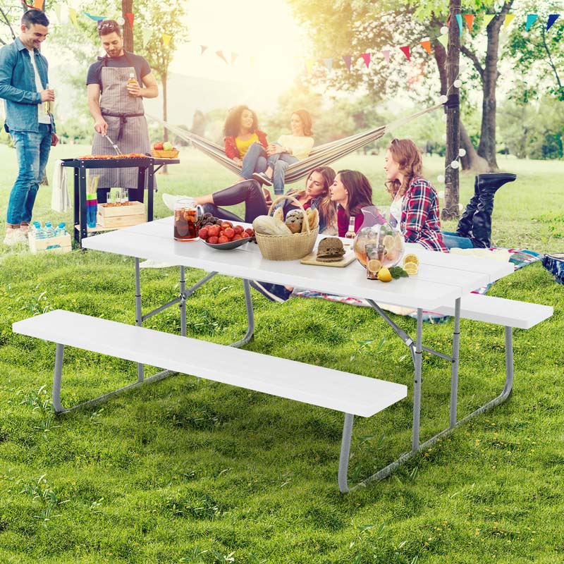 6 FT HDPE Folding Picnic Table Bench Set for 8 Person, Outdoor Large Picnic Table with Umbrella Hole & Metal Frame