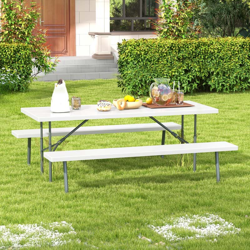 6 FT HDPE Folding Picnic Table Bench Set for 8 Person, Outdoor Large Picnic Table with Umbrella Hole & Metal Frame