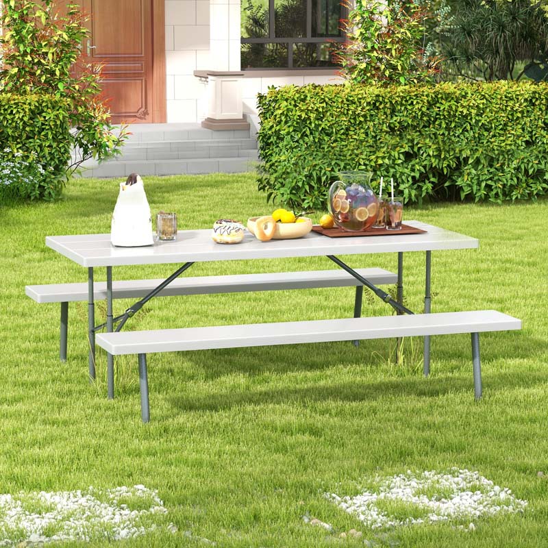 6 FT HDPE Folding Picnic Table Bench Set for 8 Person, Outdoor Large Picnic Table with Umbrella Hole & Metal Frame