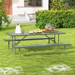 6 FT HDPE Folding Picnic Table Bench Set for 8 Person, Outdoor Large Picnic Table with Umbrella Hole & Metal Frame