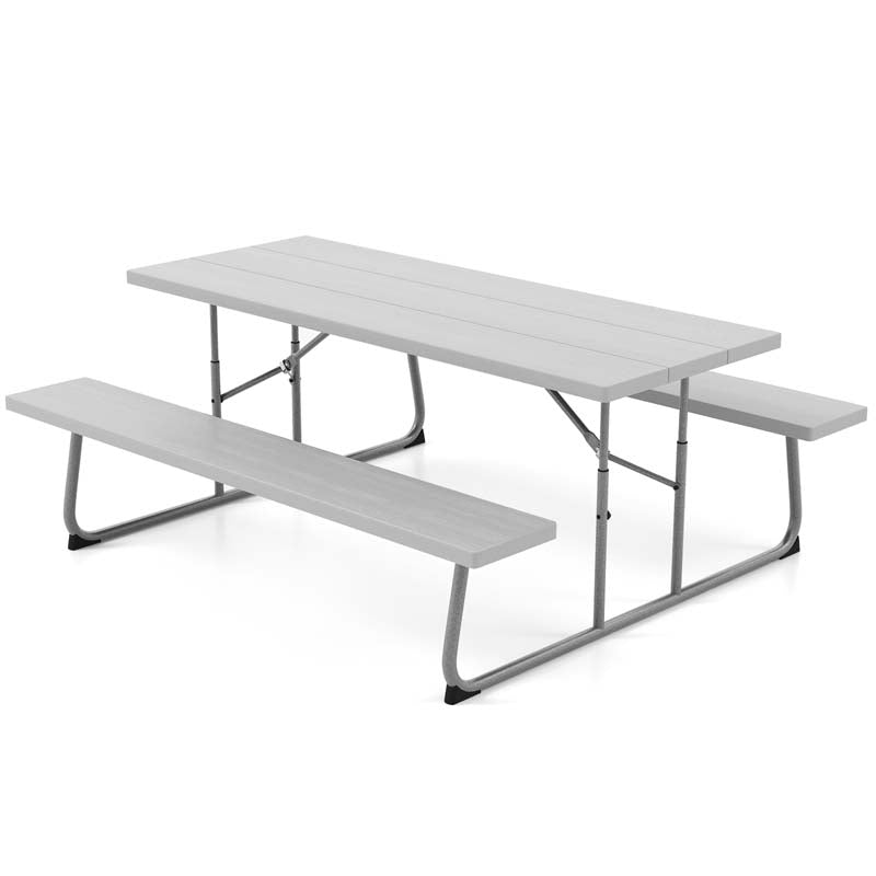 6 FT HDPE Folding Picnic Table Bench Set for 8 Person, Outdoor Large Picnic Table with Umbrella Hole & Metal Frame