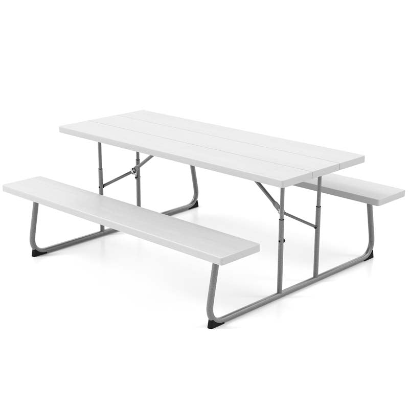 6 FT HDPE Folding Picnic Table Bench Set for 8 Person, Outdoor Large Picnic Table with Umbrella Hole & Metal Frame