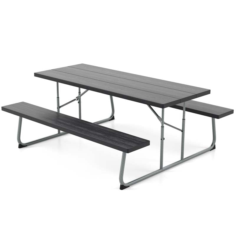 6 FT HDPE Folding Picnic Table Bench Set for 8 Person, Outdoor Large Picnic Table with Umbrella Hole & Metal Frame