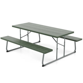 6 FT HDPE Folding Picnic Table Bench Set for 8 Person, Outdoor Large Picnic Table with Umbrella Hole & Metal Frame