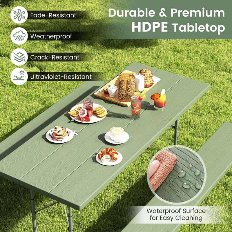 6 FT HDPE Folding Picnic Table Bench Set for 8 Person, Outdoor Large Picnic Table with Umbrella Hole & Metal Frame