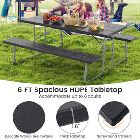 6 FT HDPE Folding Picnic Table Bench Set for 8 Person, Outdoor Large Picnic Table with Umbrella Hole & Metal Frame