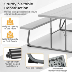 6 FT HDPE Folding Picnic Table Bench Set for 8 Person, Outdoor Large Picnic Table with Umbrella Hole & Metal Frame