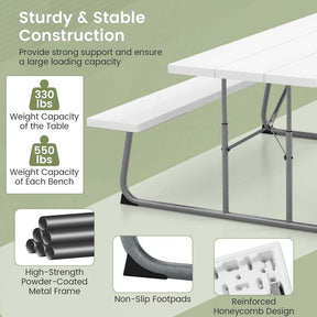 6 FT HDPE Folding Picnic Table Bench Set for 8 Person, Outdoor Large Picnic Table with Umbrella Hole & Metal Frame