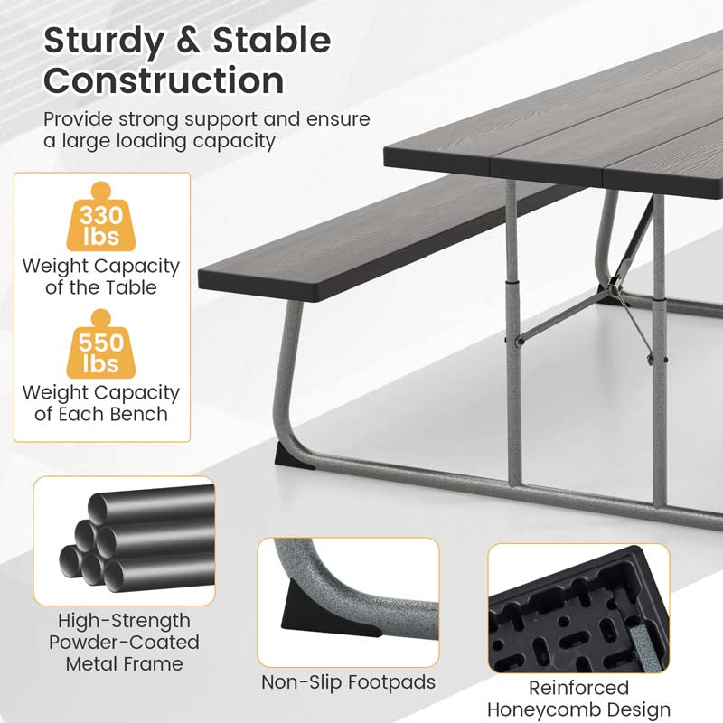 6 FT HDPE Folding Picnic Table Bench Set for 8 Person, Outdoor Large Picnic Table with Umbrella Hole & Metal Frame