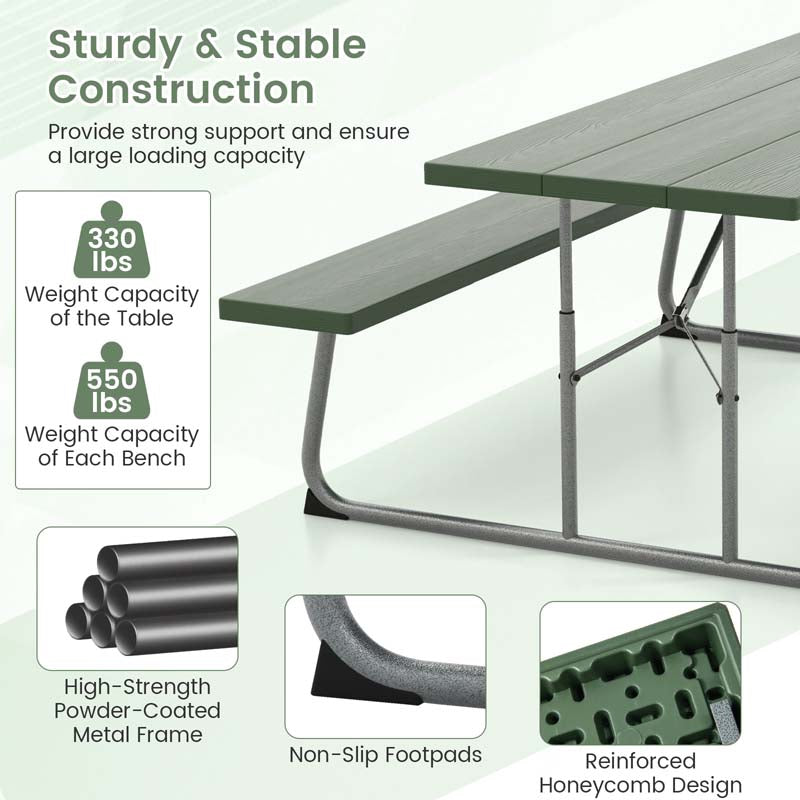 6 FT HDPE Folding Picnic Table Bench Set for 8 Person, Outdoor Large Picnic Table with Umbrella Hole & Metal Frame