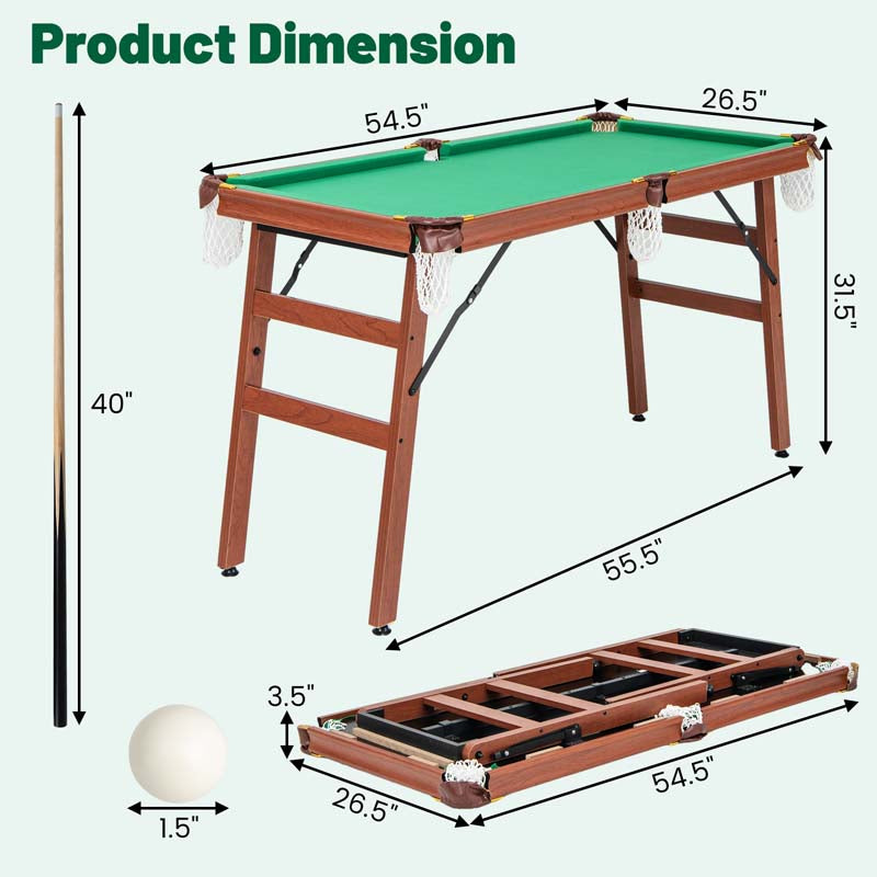 55" Foldable Pool Table with 2 Cue Sticks, Full Balls Set, Portable Billiard Tables for Kids Adults Family Indoor Game Room