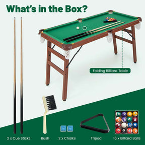 55" Foldable Pool Table with 2 Cue Sticks, Full Balls Set, Portable Billiard Tables for Kids Adults Family Indoor Game Room