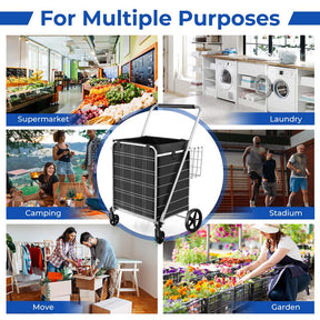 27.5 Gallon Jumbo Folding Shopping Cart with Waterproof Liner & Double Basket, Heavy Duty Portable Utility Cart for Grocery Market Laundry