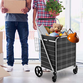 27.5 Gallon Jumbo Folding Shopping Cart with Waterproof Liner & Double Basket, Heavy Duty Portable Utility Cart for Grocery Market Laundry