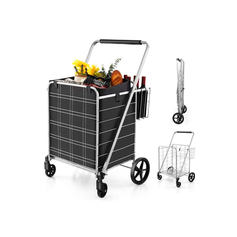 27.5 Gallon Jumbo Folding Shopping Cart with Waterproof Liner & Double Basket, Heavy Duty Portable Utility Cart for Grocery Market Laundry