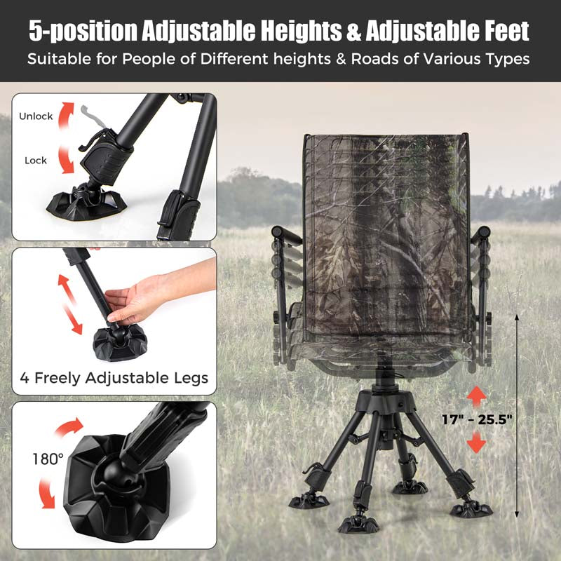 360° Swivel Silent Folding Hunting Blind Chair for Shooting Fishing, Portable Sniper Seat with 4 Adjustable Legs, All-Terrain Foot Pads