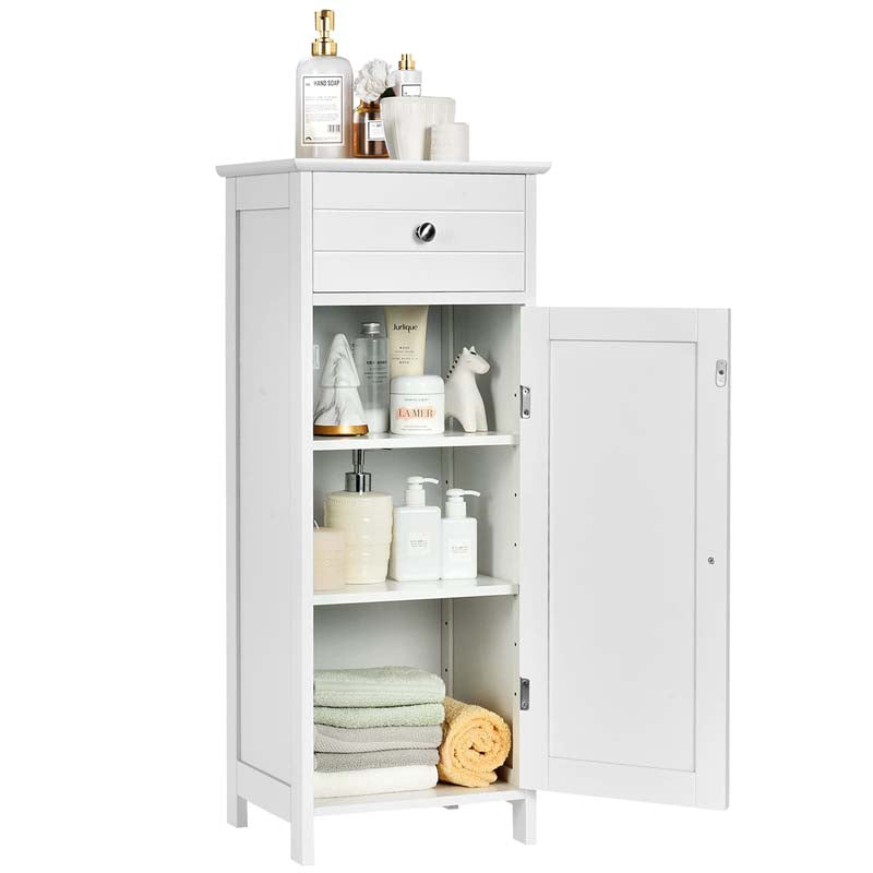 Free-Standing Wooden Floor Storage Cabinet w/Large Drawer & 2 Adjustable Shelves, Morden Side Storage Bathroom Organizer Cabinet