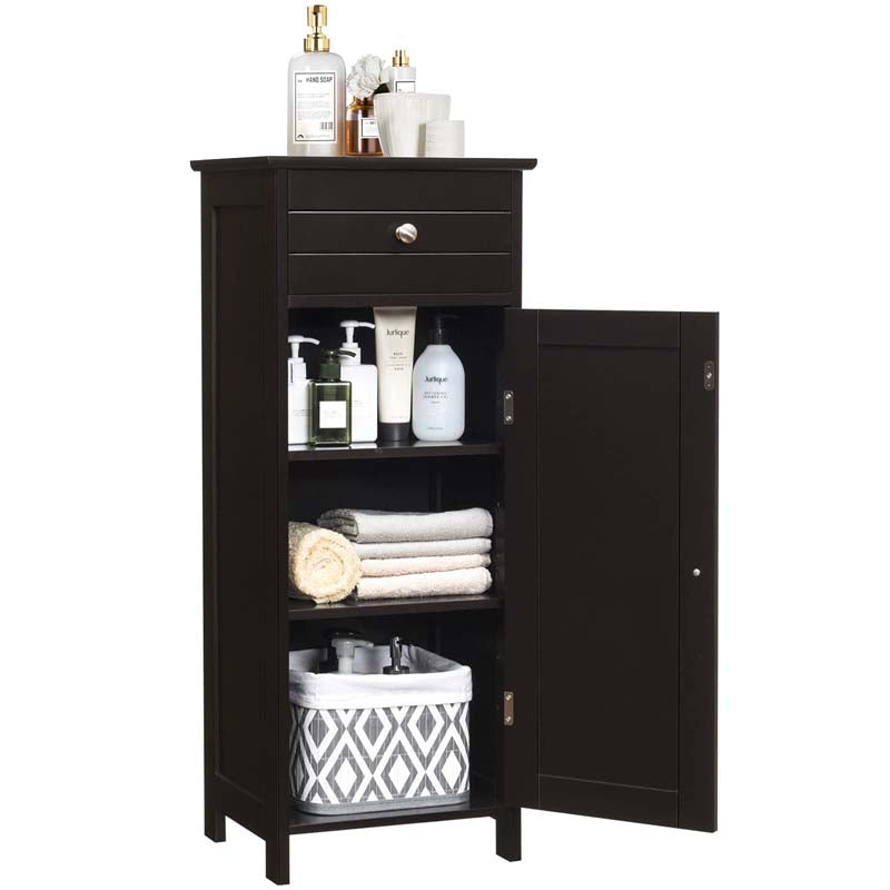 Free-Standing Wooden Floor Storage Cabinet w/Large Drawer & 2 Adjustable Shelves, Morden Side Storage Bathroom Organizer Cabinet