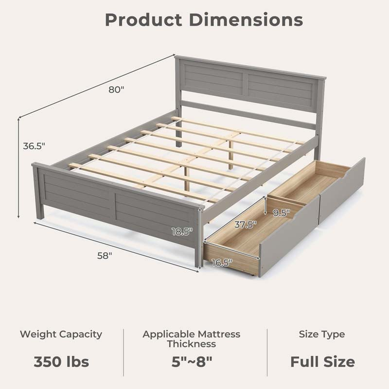 Twin/Full Size Solid Wood Platform Bed Frame with 2 Storage Drawers & Headboard, Wooden Slats Support Mattress Foundation