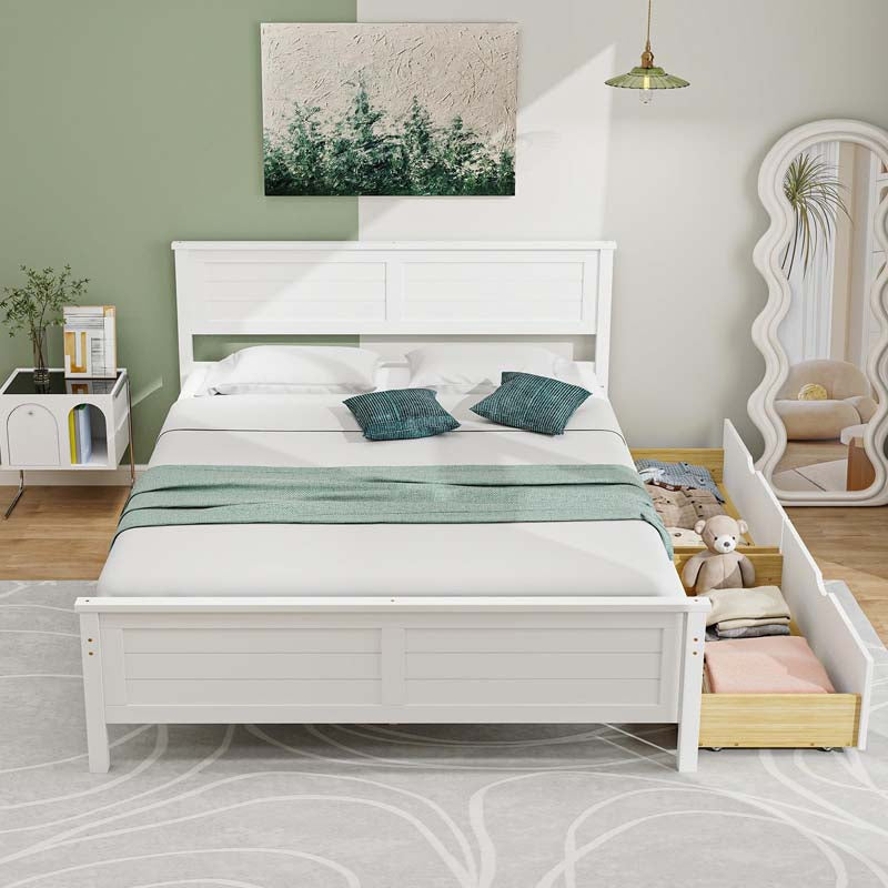 Twin/Full Size Solid Wood Platform Bed Frame with 2 Storage Drawers & Headboard, Wooden Slats Support Mattress Foundation