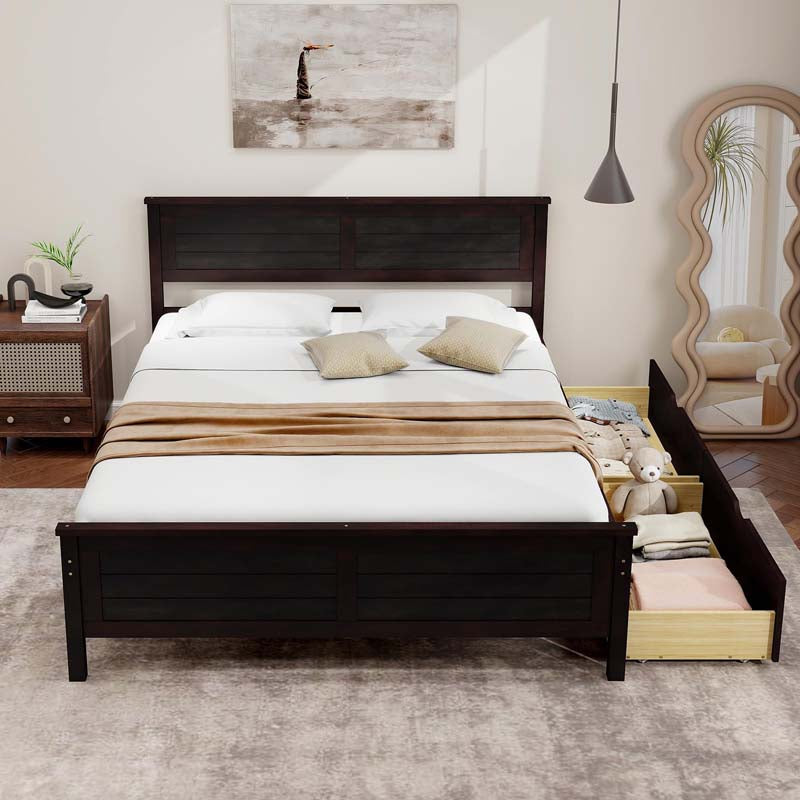 Twin/Full Size Solid Wood Platform Bed Frame with 2 Storage Drawers & Headboard, Wooden Slats Support Mattress Foundation