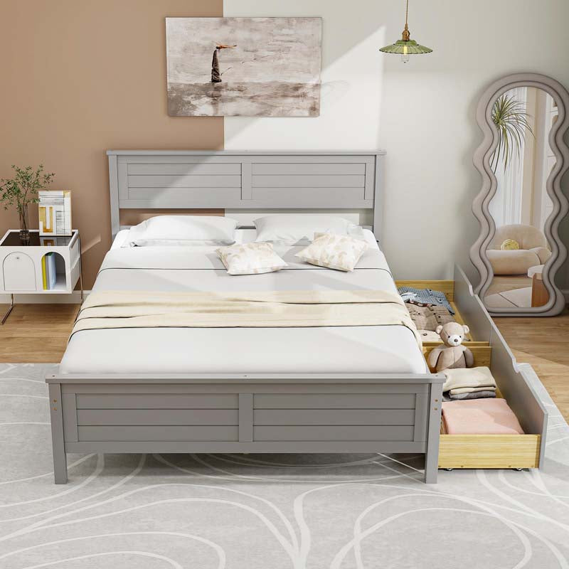 Twin/Full Size Solid Wood Platform Bed Frame with 2 Storage Drawers & Headboard, Wooden Slats Support Mattress Foundation