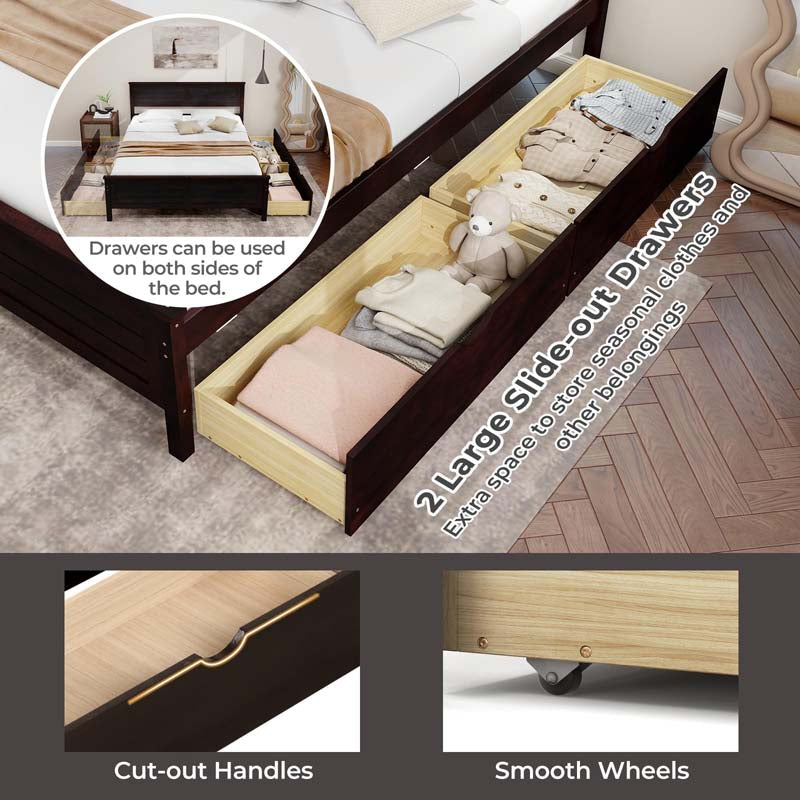 Twin/Full Size Solid Wood Platform Bed Frame with 2 Storage Drawers & Headboard, Wooden Slats Support Mattress Foundation