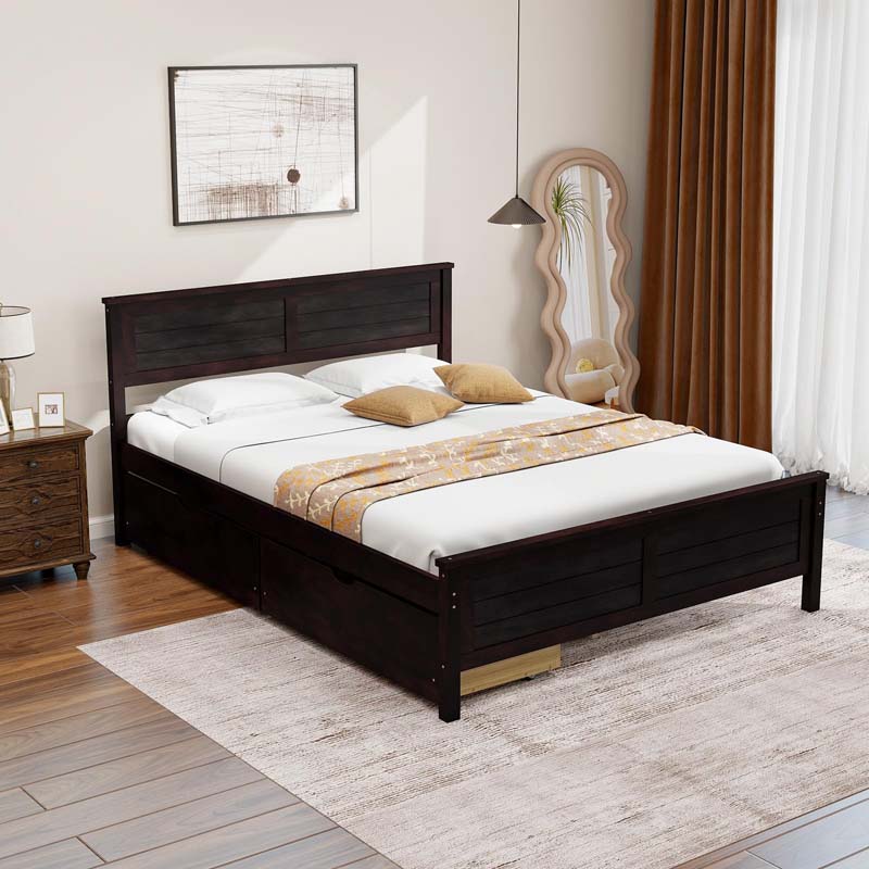 Twin/Full Size Solid Wood Platform Bed Frame with 2 Storage Drawers & Headboard, Wooden Slats Support Mattress Foundation