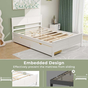 Twin/Full Size Solid Wood Platform Bed Frame with 2 Storage Drawers & Headboard, Wooden Slats Support Mattress Foundation