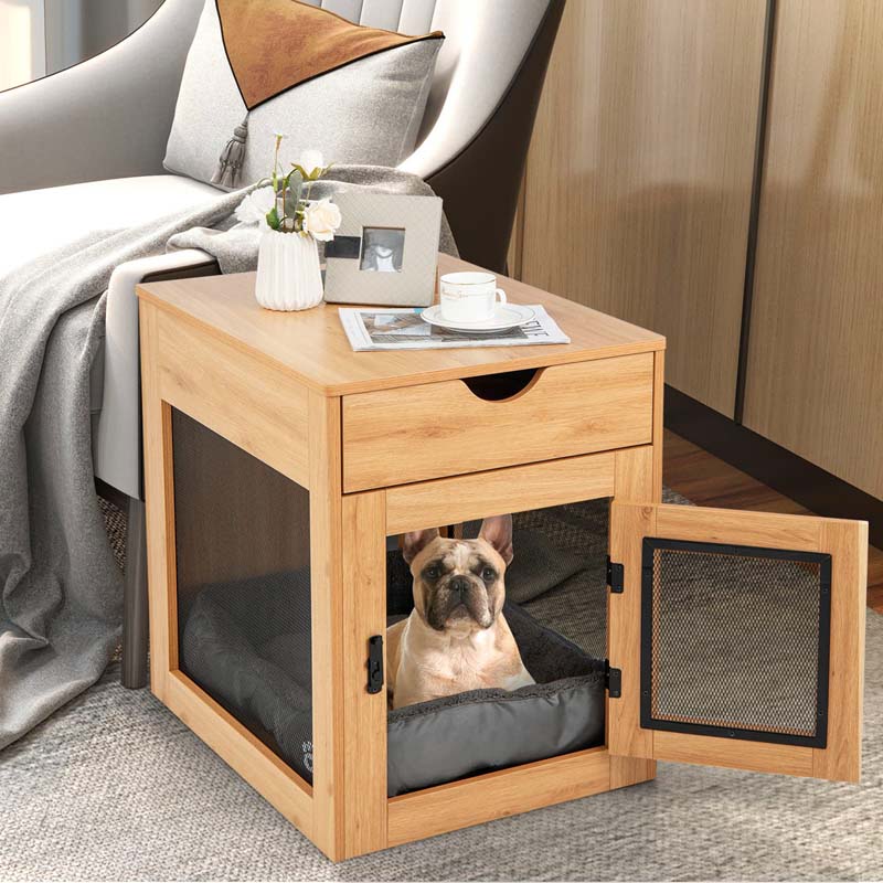 Furniture Style Small Dog Crate with Wireless Charging Station, Wooden Dog Kennel End Table with Cushion & Drawer, Latched Door