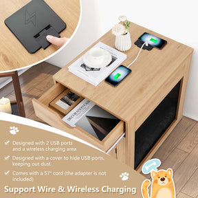 Furniture Style Small Dog Crate with Wireless Charging Station, Wooden Dog Kennel End Table with Cushion & Drawer, Latched Door