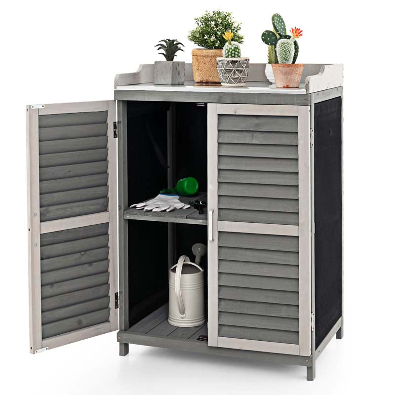 Outdoor Potting Bench Table Garden Wooden Storage Cabinet with Metal Plated Tabletop, 2 Storage Shelves, Magnetic Catch