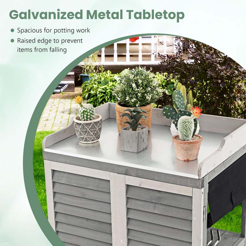 Outdoor Potting Bench Table Garden Wooden Storage Cabinet with Metal Plated Tabletop, 2 Storage Shelves, Magnetic Catch