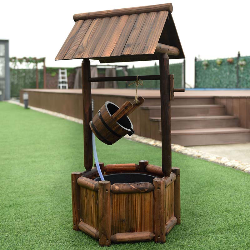 Outdoor Old-Fashioned Wishing Well Wood Waterfall Fountain with Bucket Pump, Rustic Farmhouse Decoration for Garden Backyard