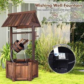 Outdoor Old-Fashioned Wishing Well Wood Waterfall Fountain with Bucket Pump, Rustic Farmhouse Decoration for Garden Backyard