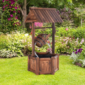 Outdoor Old-Fashioned Wishing Well Wood Waterfall Fountain with Bucket Pump, Rustic Farmhouse Decoration for Garden Backyard