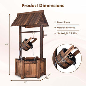 Outdoor Old-Fashioned Wishing Well Wood Waterfall Fountain with Bucket Pump, Rustic Farmhouse Decoration for Garden Backyard